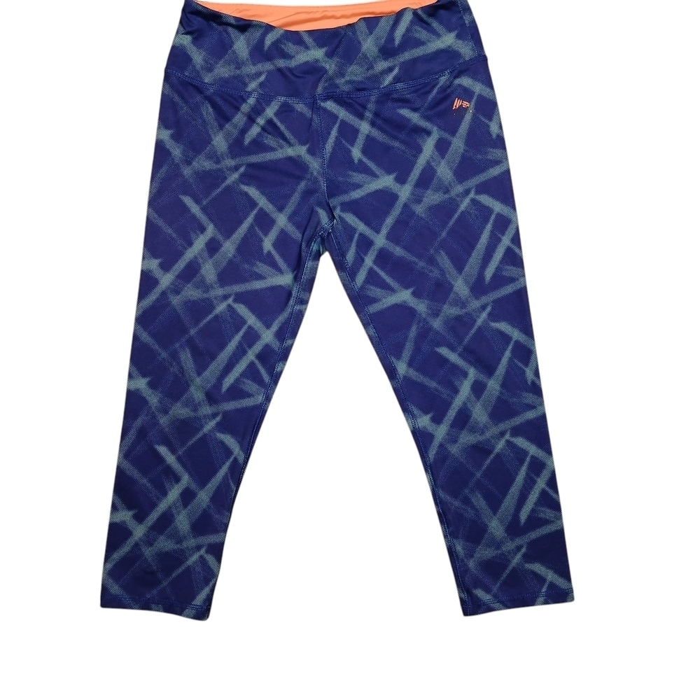 RBX Active Women's Blue Teal Geometric Cropped Capri Leggings Workout Pants Sz M